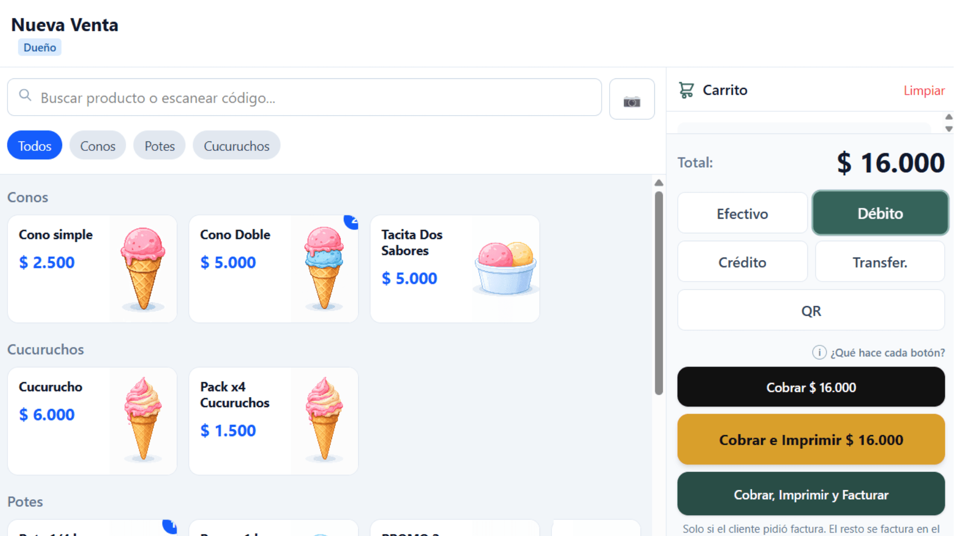 Pantalla de Caja: grilla de productos y carrito con métodos de pago